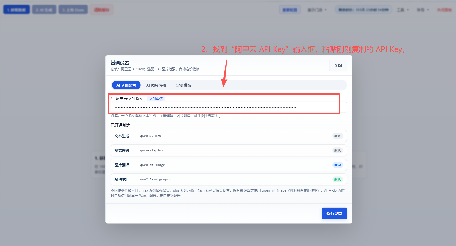 在插件基础设置中填入阿里云 API Key